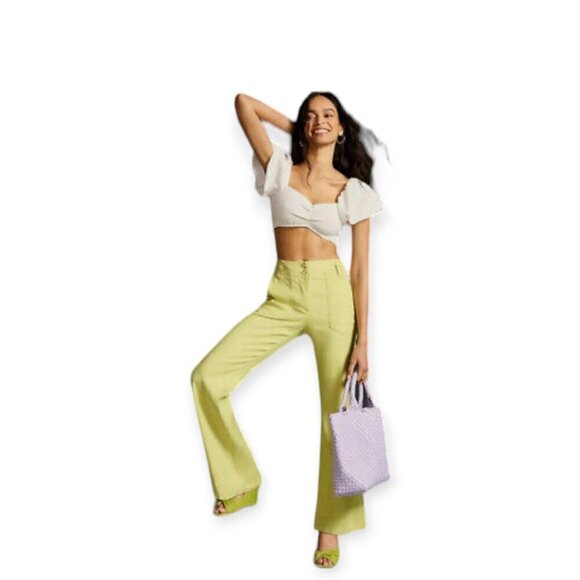 Linen Lightweight Lemon Lime Summer Trousers Anthropologie size 0 EUC - Picture 3 of 16